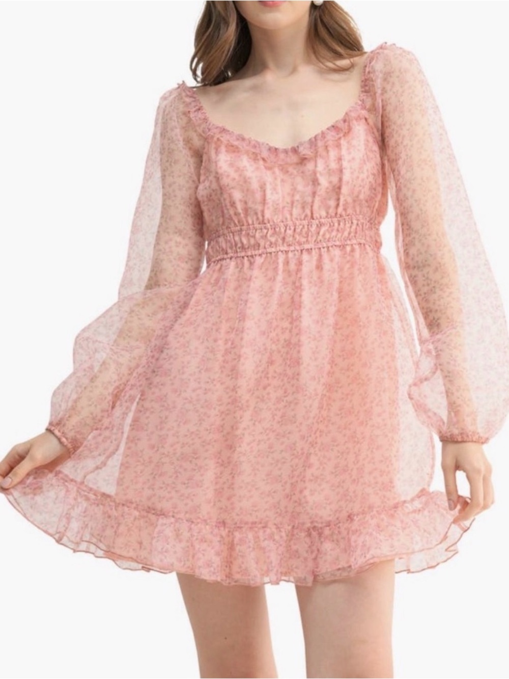 All in Favor Sheer Pink Floral Ruffle Mini Dress Size Small